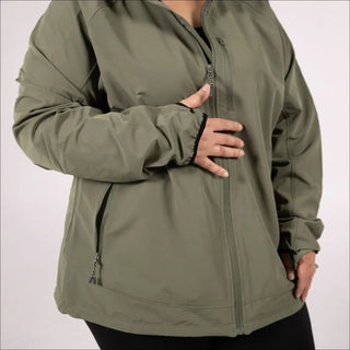 Olive green zip-up rain jacket for women plus size 2X-6X with windbreaker style