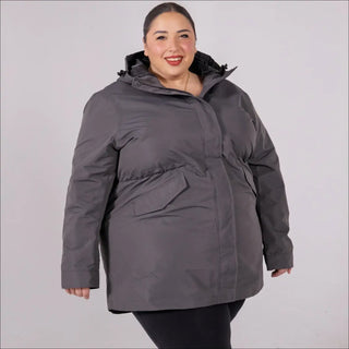 Gray hooded puffer coat displayed in Women’s Plus Size Rain Jacket Trench Coat Berwick