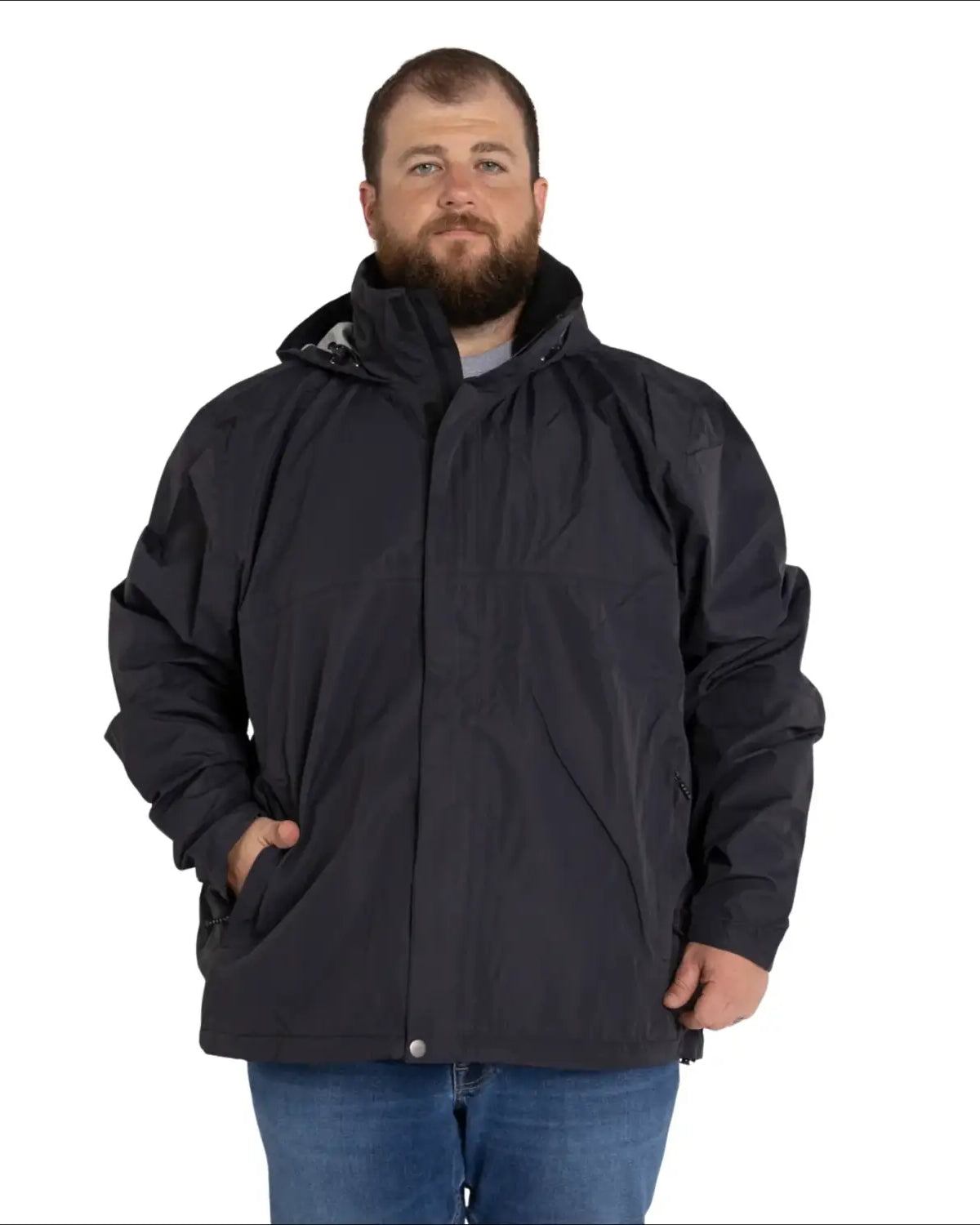 Man in a dark hooded rain jacket wearing Men’s Big 3XL-7XL Windbreaker Outerwear