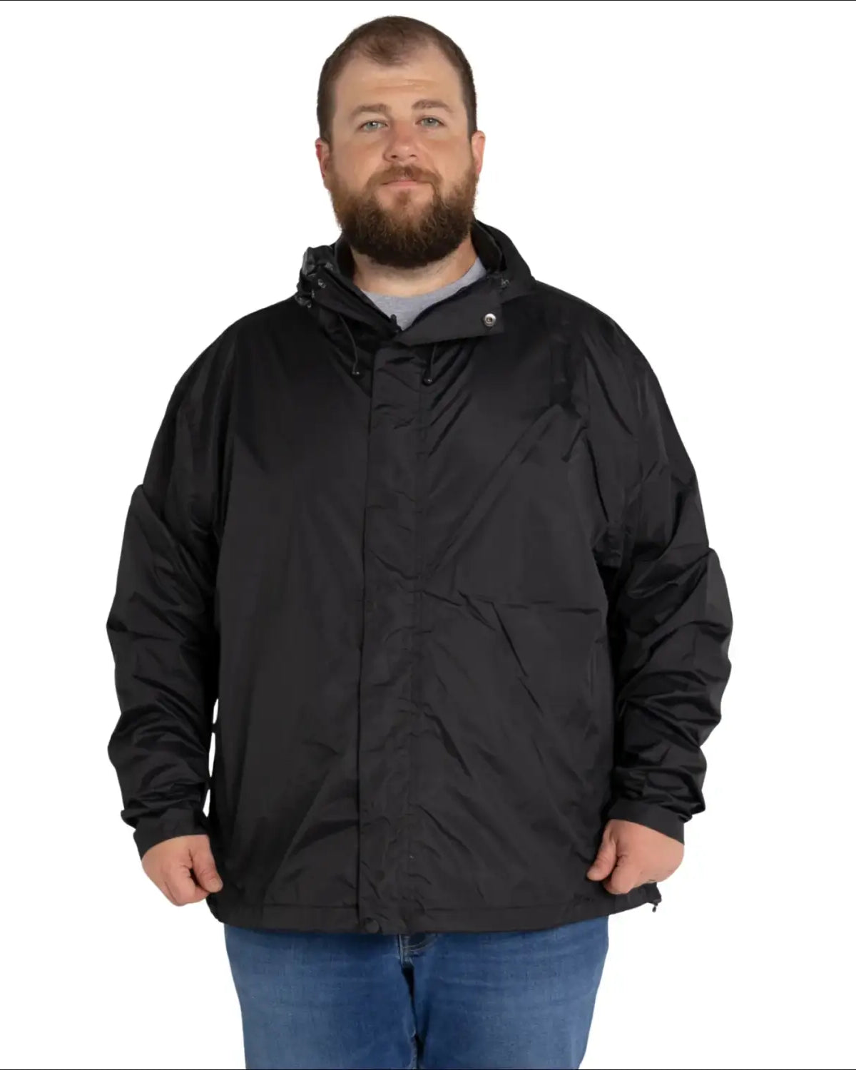 Black hooded jacket from Snow Country Outerwear Mens Packable Rain Jacket collection