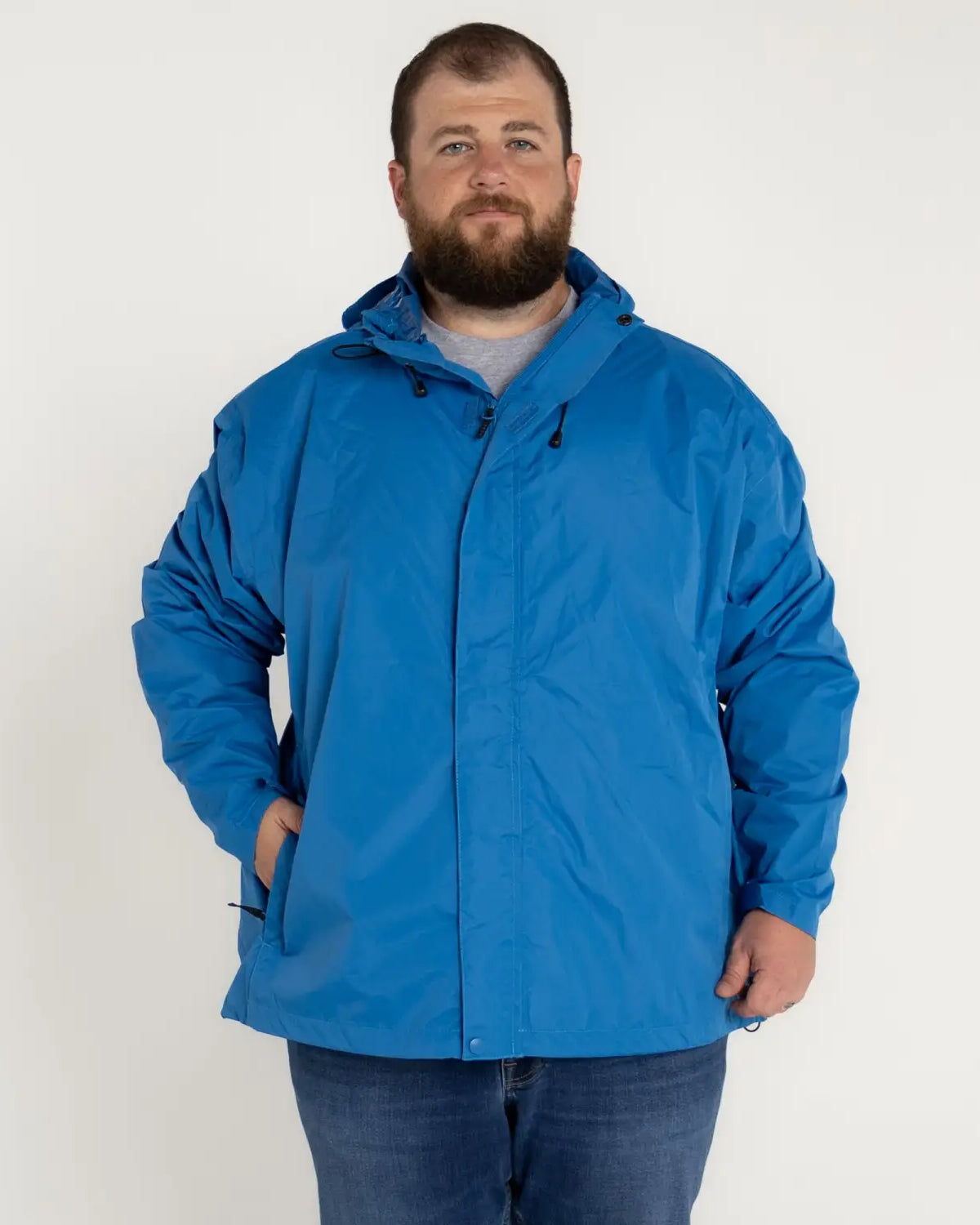 Blue hooded rain jacket from Snow Country Outerwear Men’s packable windbreaker in large sizes