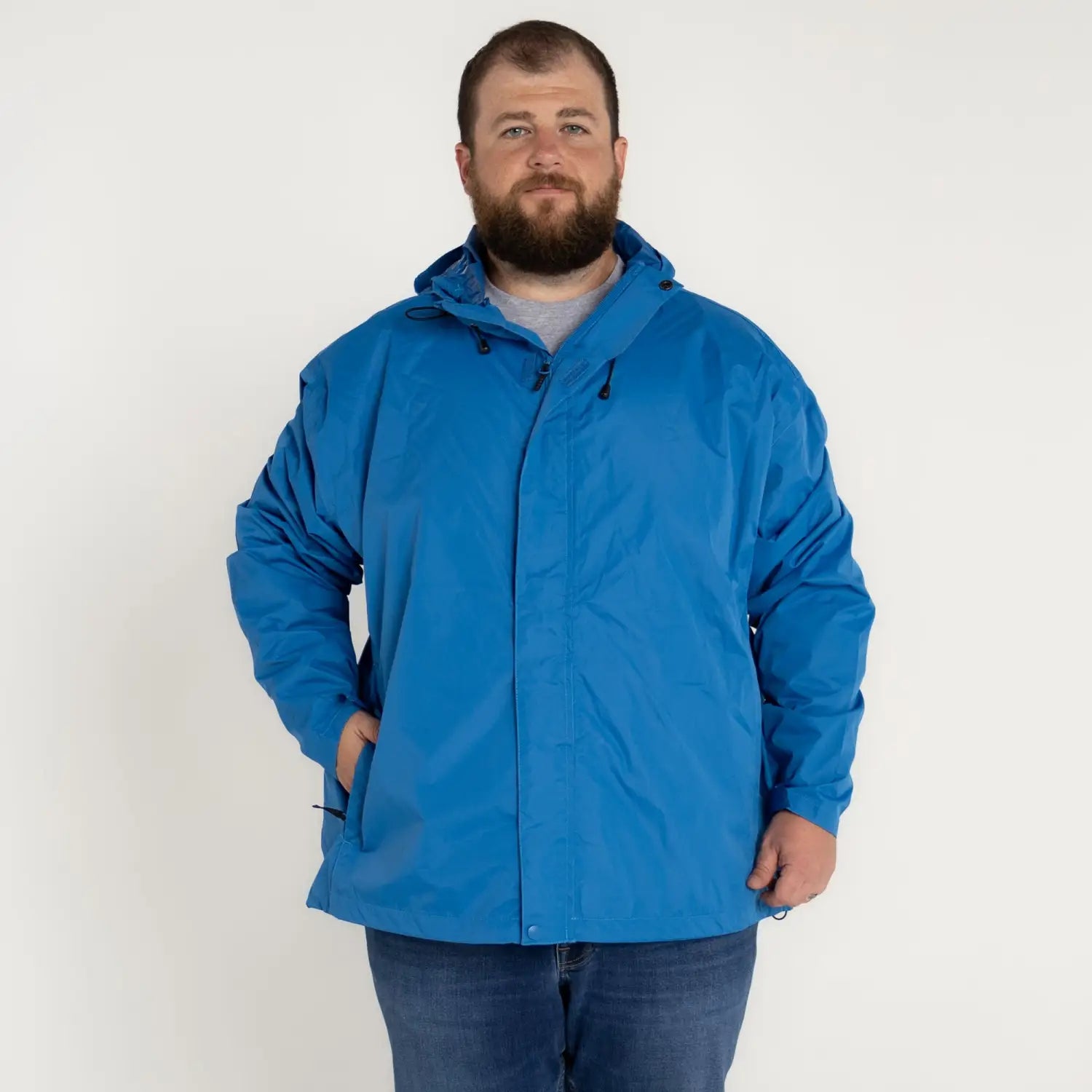 Blue hooded rain jacket from Snow Country Outerwear Men’s packable windbreaker in large sizes