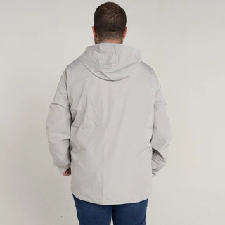 Man wearing a gray hooded rain jacket from Men’s Big 3XL-7XL Windguard Windbreaker Coat