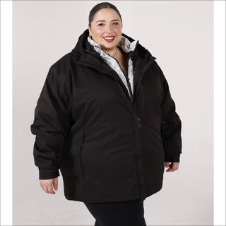 Plus size black hooded puffer jacket for women winter 3-in-1 snow country outerwear