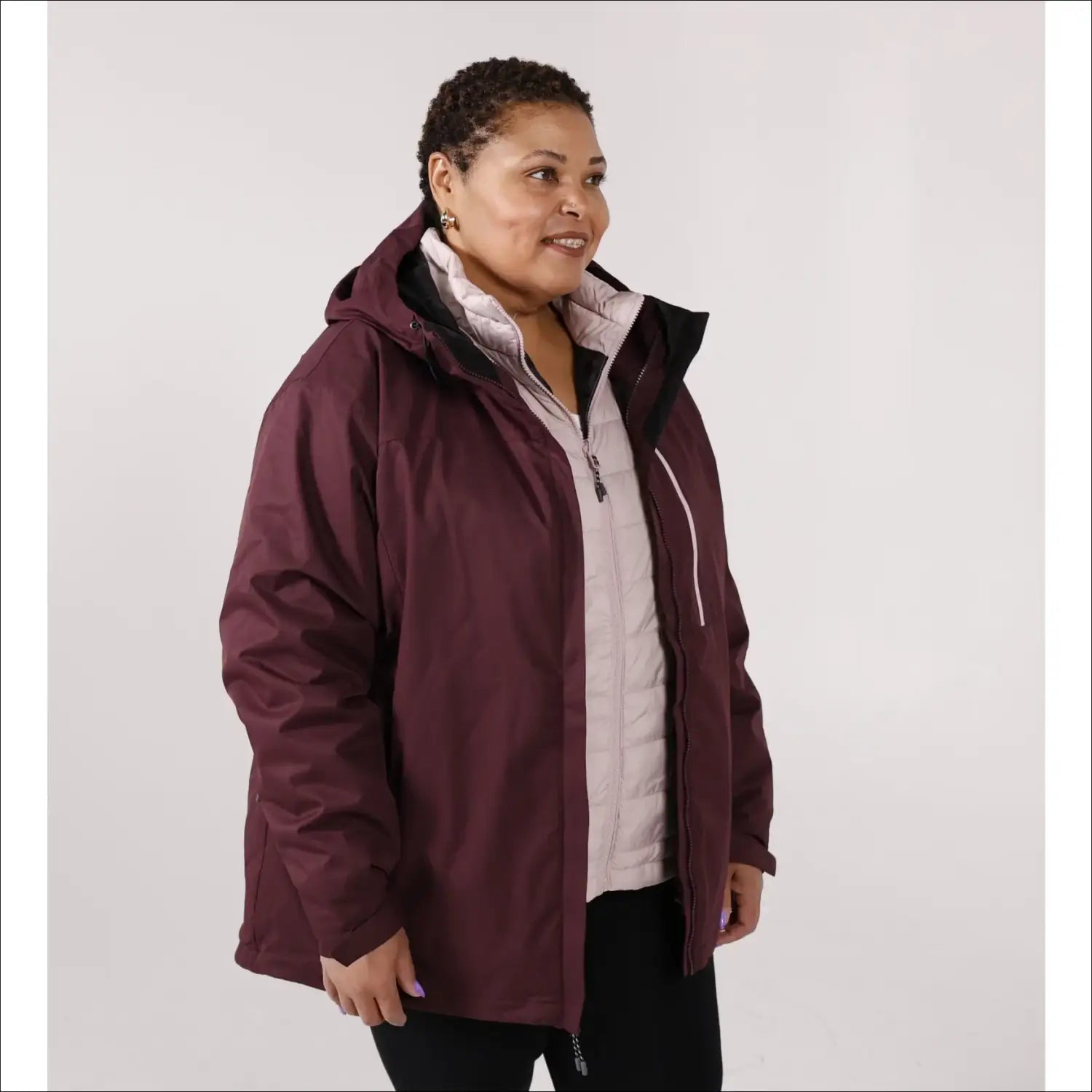Burgundy hooded winter coat displayed in Women’s Plus Size 1X-6X Winter Down Alternative jacket