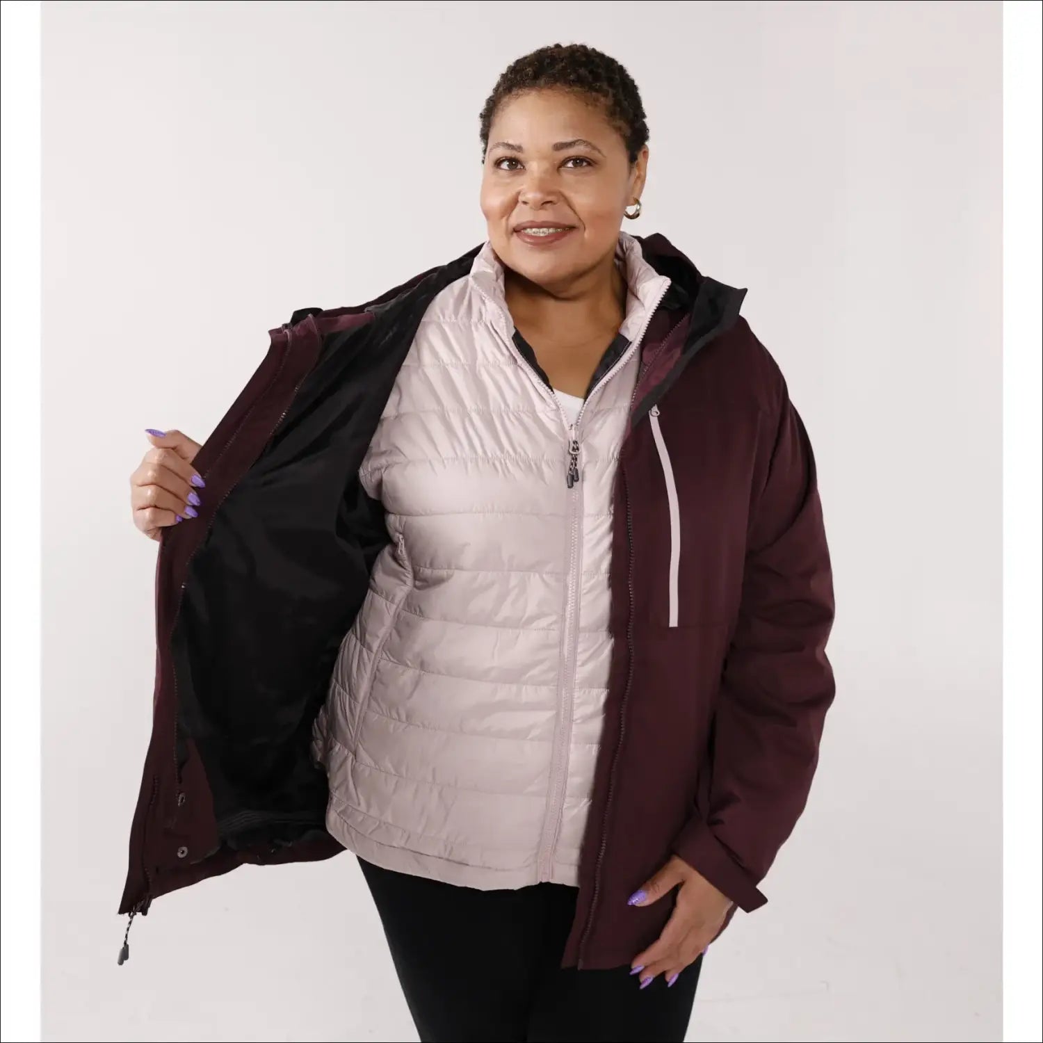 Women’s Burgundy winter coat with removable vest in Plus Size 1X-6X, snow country outerwear