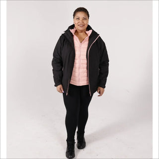 Plus size winter coat for women featuring black outer layer and pink vest with snow-ready style