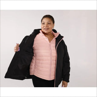 Woman wearing black jacket with pink vest in winter 3in1 coat snow country outerwear