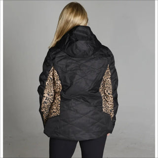 Black quilted ski jacket with leopard print panels from Snow Country Outerwear for women
