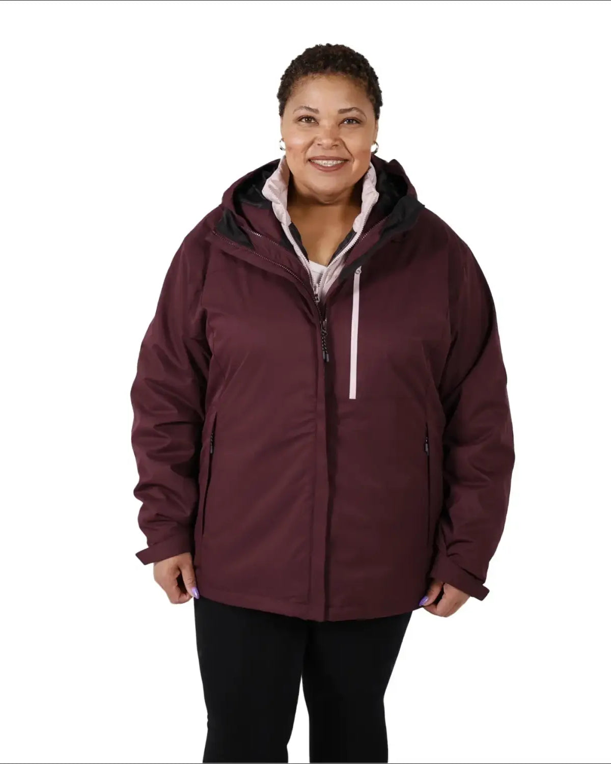 Burgundy hooded winter jacket from Women’s Plus Size 1X-6X 3-in-1 Down Alternative Coat