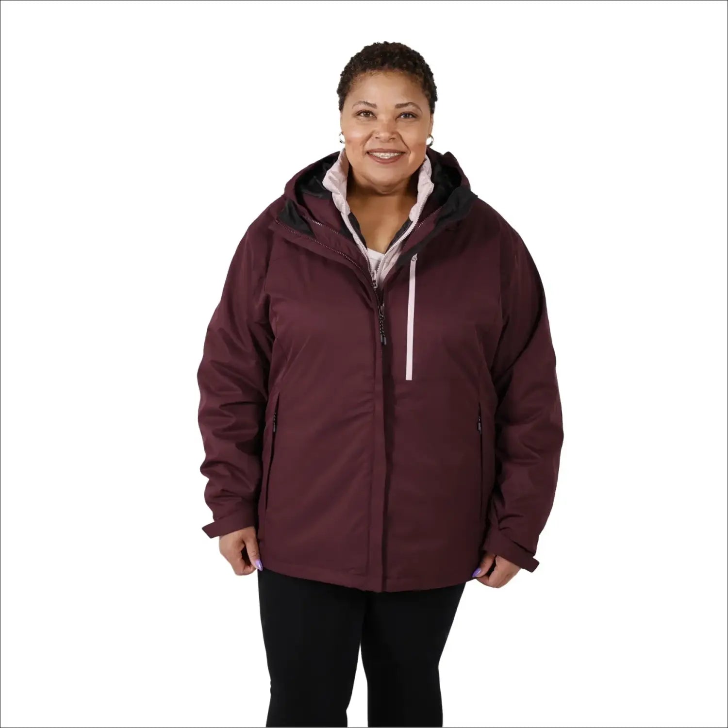 Burgundy hooded winter jacket from Women’s Plus Size 1X-6X 3-in-1 Down Alternative Coat