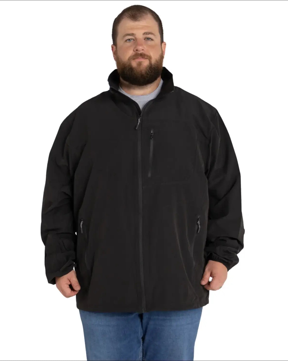 Man wearing a black jacket from Men’s Big 3XL-7XL Rain Jacket Light Soft Shell Coat