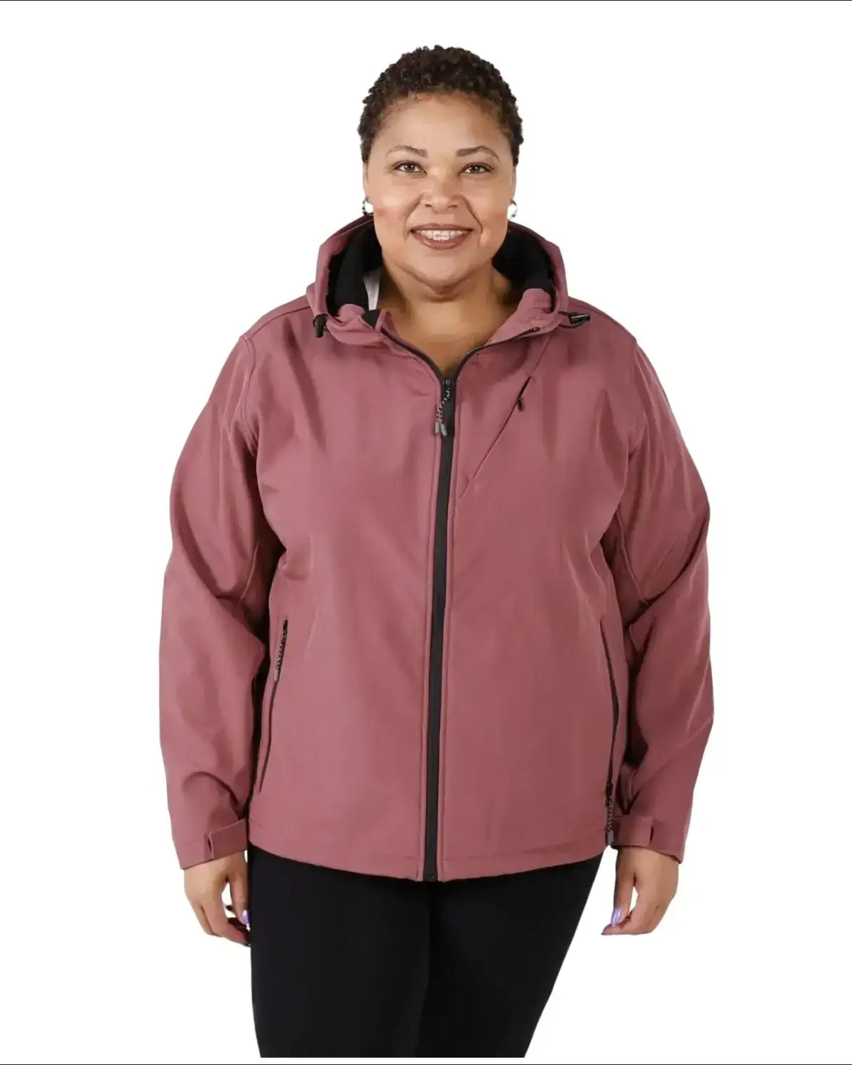 Woman wearing a mauve hooded jacket from Women’s Plus Size Micro Fleece Shell Outerwear