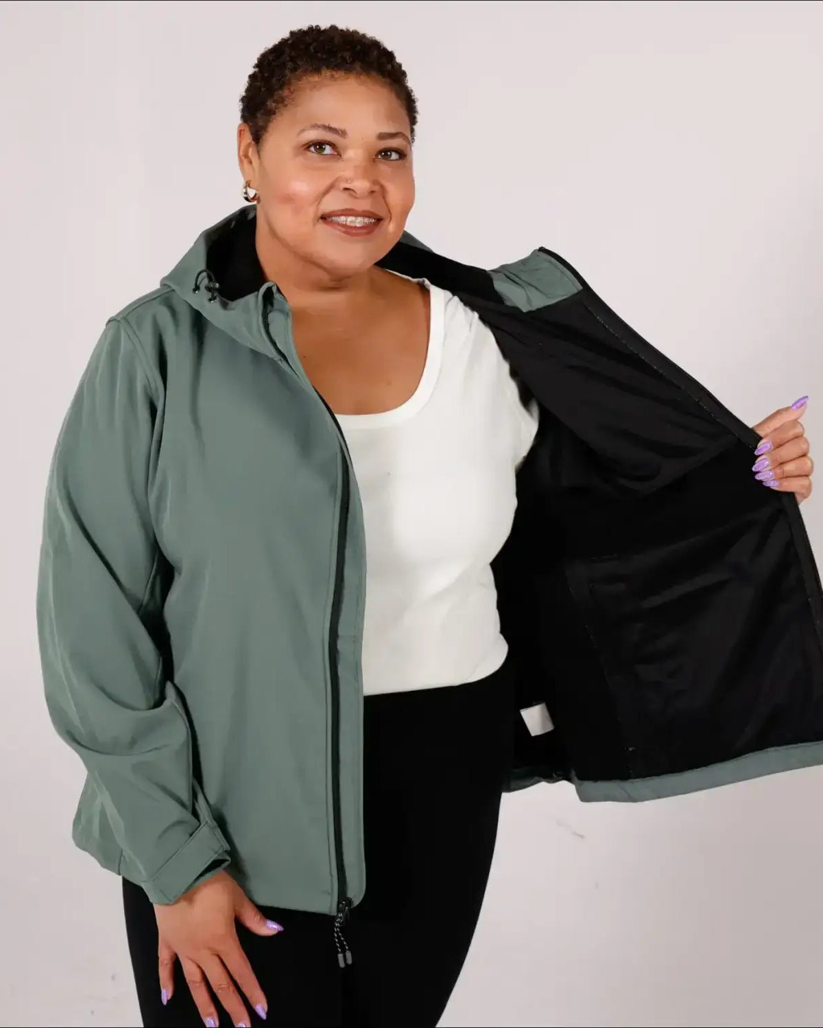 Women’s sage green hooded jacket from Plus Size 1X-6X Micro Fleece Soft Shell collection