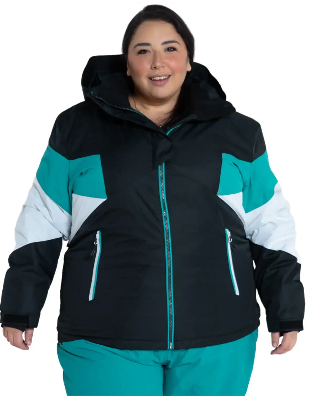 Woman wearing Snow Country Plus Size Ski Jacket in black, white, and teal for winter warmth