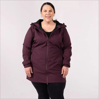 Burgundy hooded softshell jacket in Women’s Plus Size Stowe 1X-6X Mid Length Soft Shell Jacket