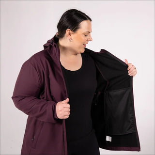 Women’s Plus Size Burgundy Hooded Softshell Jacket displayed in Stowe 1X-6X Mid Length