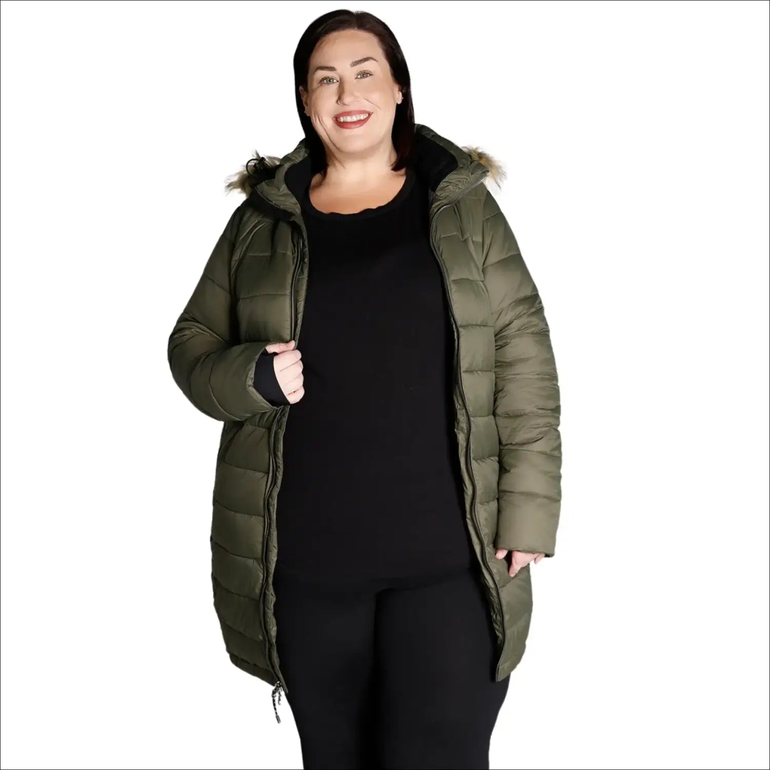 Olive green hooded puffer coat for women plus size winter parkas outerwear