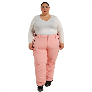 Woman wearing pink snow pants and white long-sleeved shirt for Snow Country Outerwear ski gear