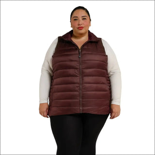Burgundy quilted vest featured in Women’s Plus Size 1X-6X Synthetic Down Outerwear