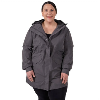 Gray hooded parka from Women’s Plus Size Rain Jacket Trench Coat Berwick Spring Fall collection