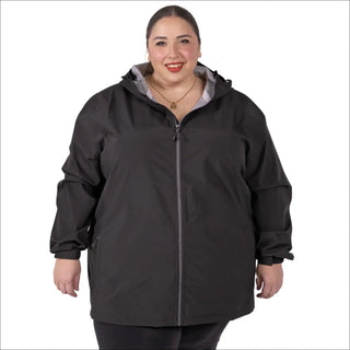 Women’s plus size waterproof black hooded rain jacket Camden spring fall stylish windbreaker