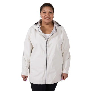 Woman wearing a light-colored hooded waterproof rain jacket Camden Plus Size Windbreaker