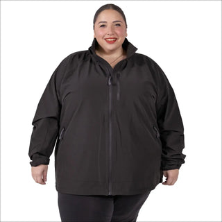 Black plus-size rain jacket windbreaker for women, size 2X to 6X, stylish and waterproof