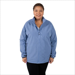 Woman wearing a blue plus size 2X-6X stretch rain jacket and windbreaker coat
