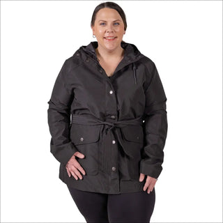 Woman wearing black belted hooded rain jacket from Snow Country Outerwear Plus Size collection
