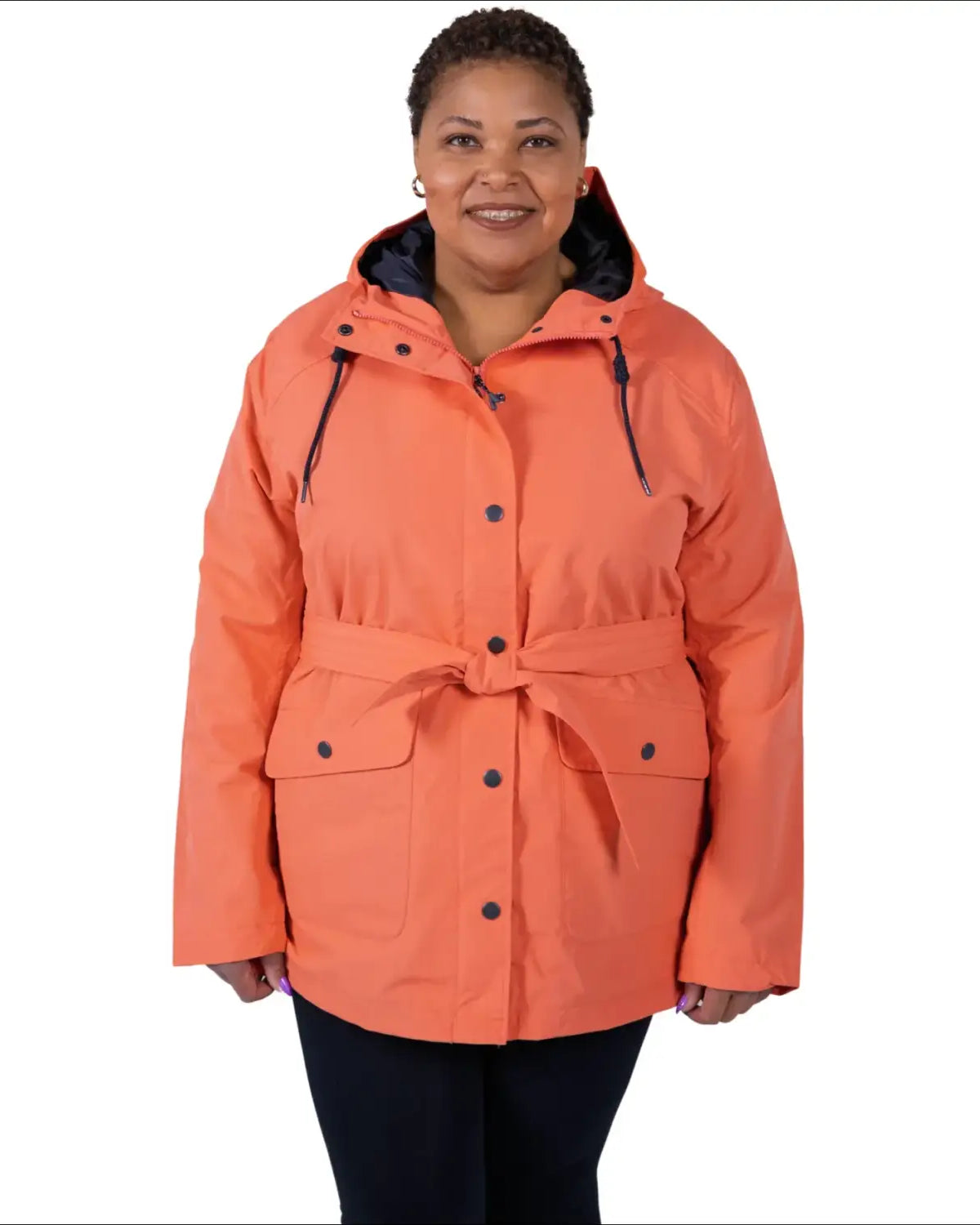 Coral belted hooded jacket from Snow Country Outerwear Women’s Rain Jacket collection