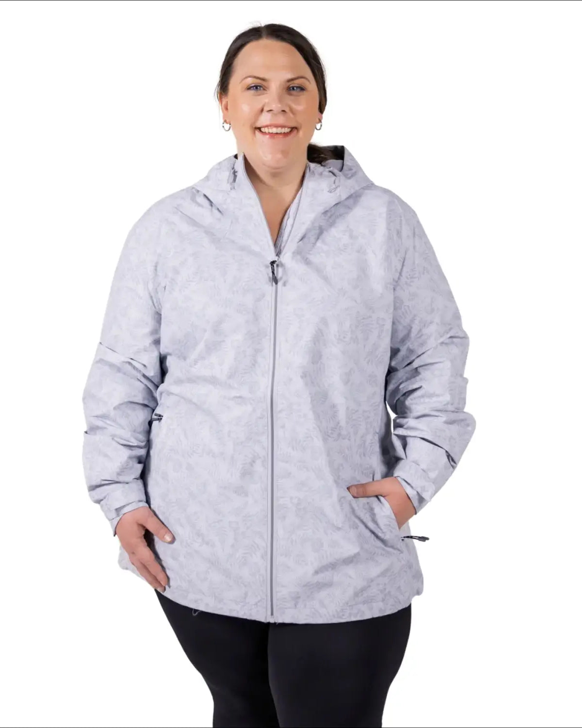 Woman wearing a patterned gray hooded jacket from the Plus Size Rain Jacket collection