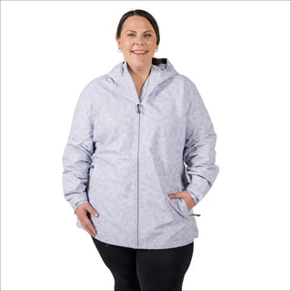 Woman wearing a patterned gray hooded jacket from the Plus Size Rain Jacket collection