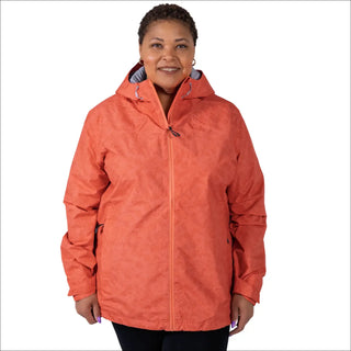 Woman wearing an orange hooded rain jacket from 1X-2X Women’s Plus Size Waterproof Windbreaker