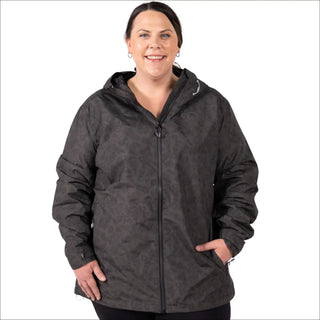 Woman wearing a plus size printed waterproof hooded rain jacket for wind protection