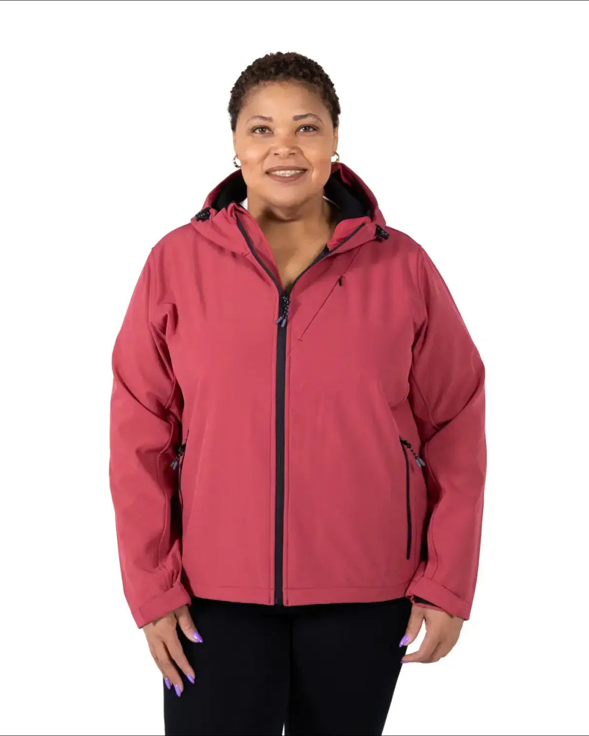Woman in a red hooded zippered plus size micro fleece soft shell jacket for spring or fall