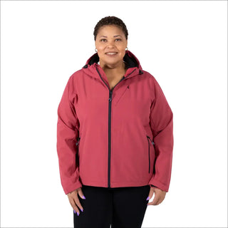 Woman in a red hooded zippered plus size micro fleece soft shell jacket for spring or fall