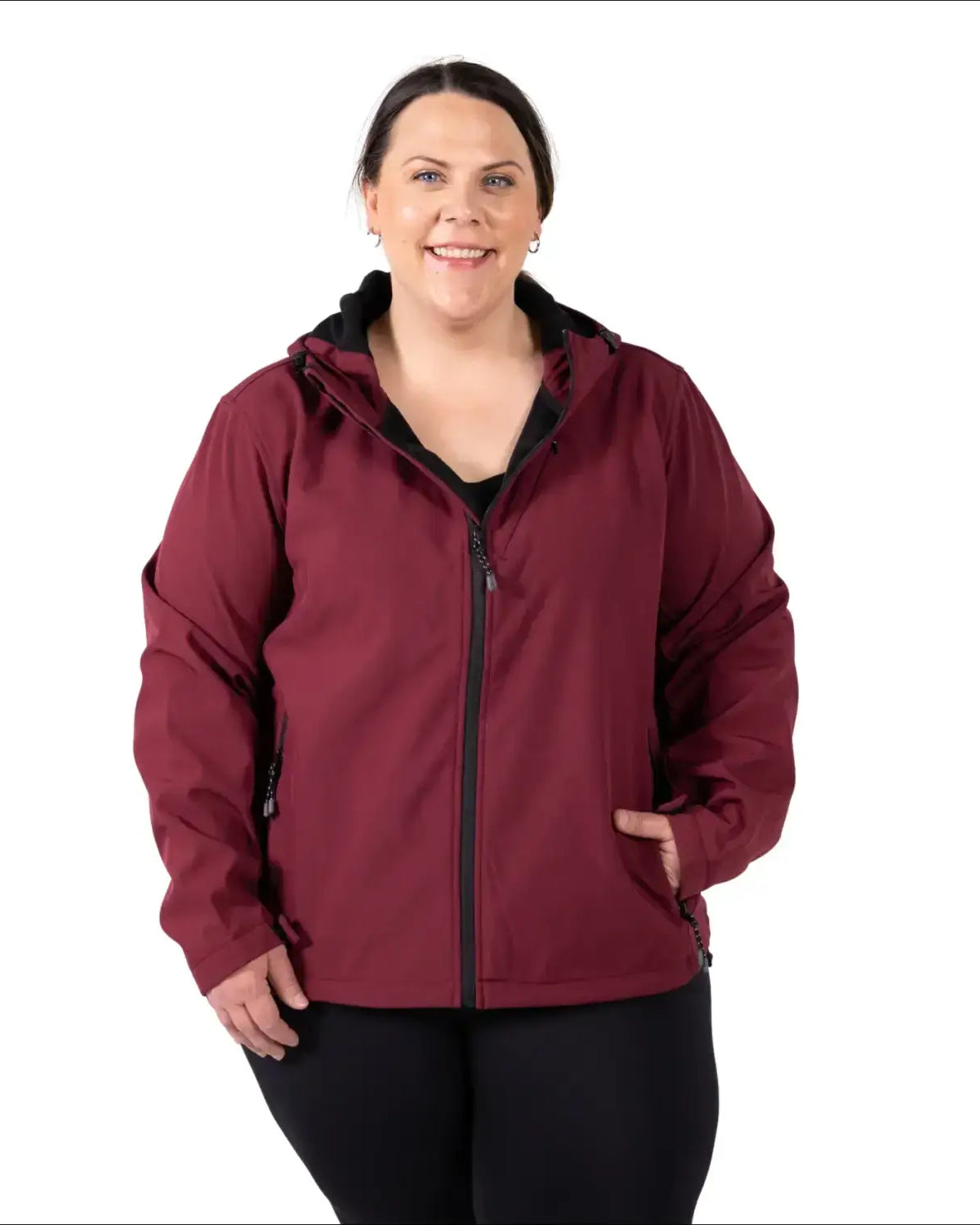 Women’s Plus Size Burgundy Hooded Jacket Made from Micro Fleece Soft Shell Outerwear