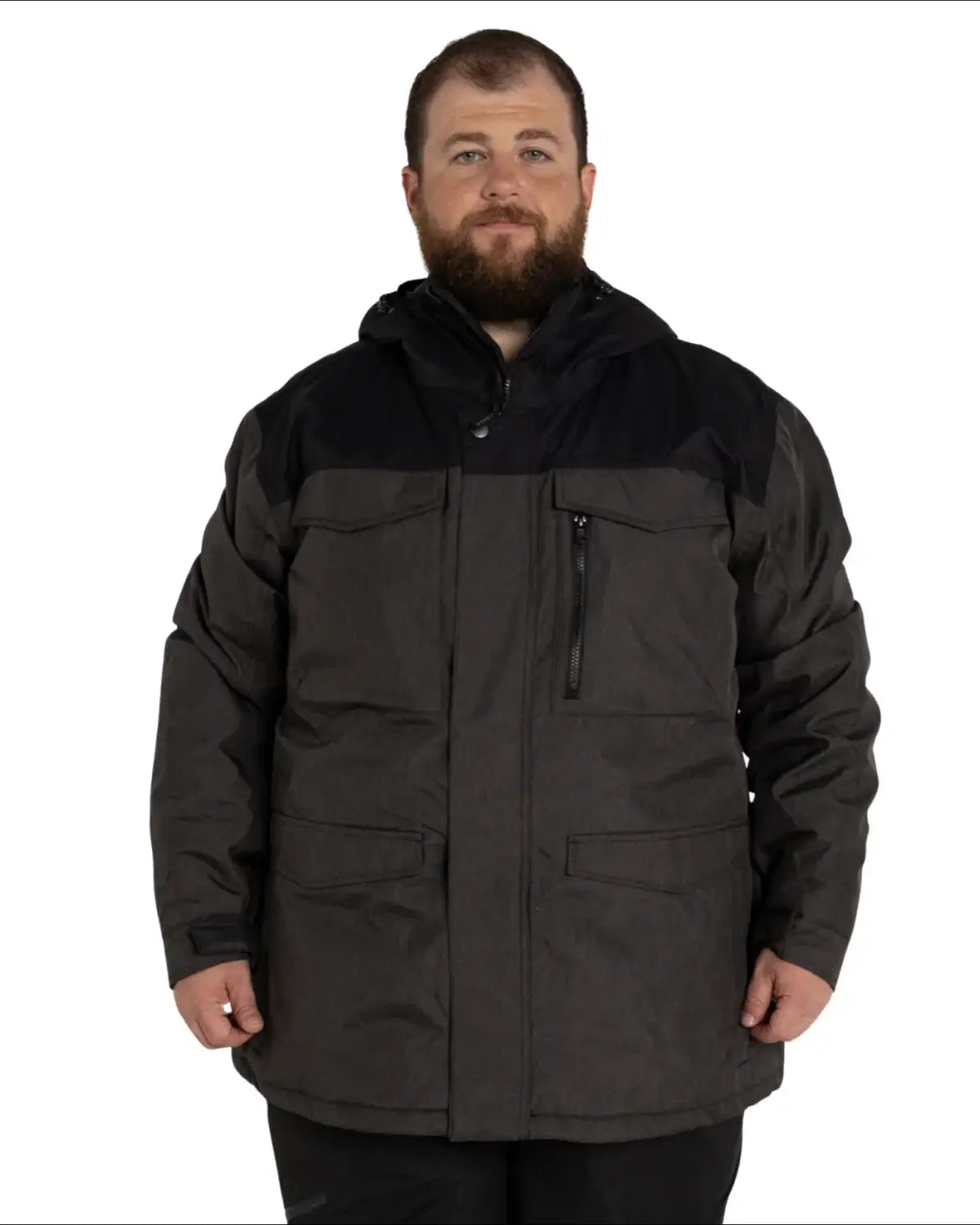 Man wearing Gray and Black Parka in Snow Country Outerwear Winter Coat Collection
