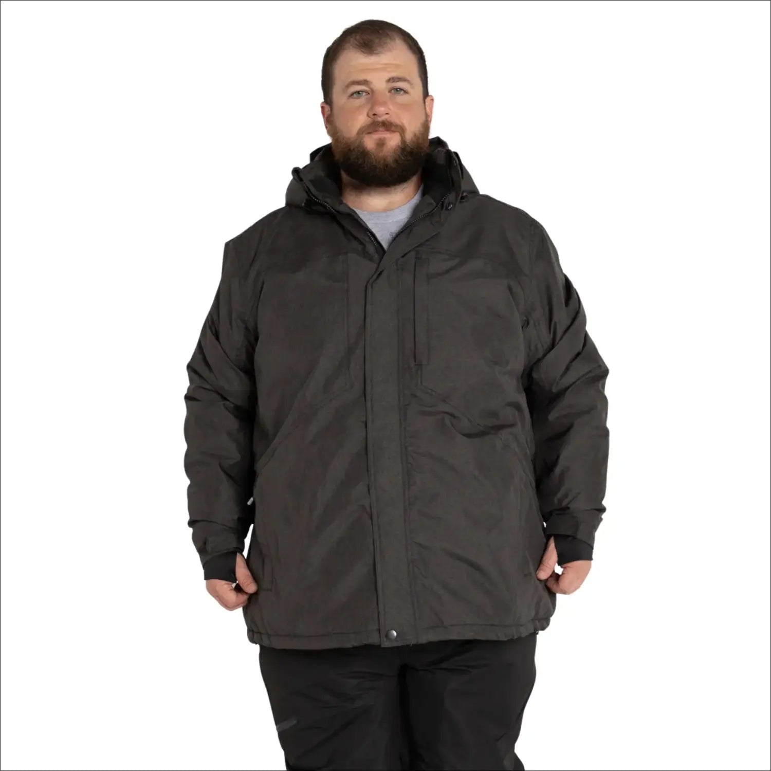 Man in a dark gray insulated winter ski jacket from Snow Country Outerwear