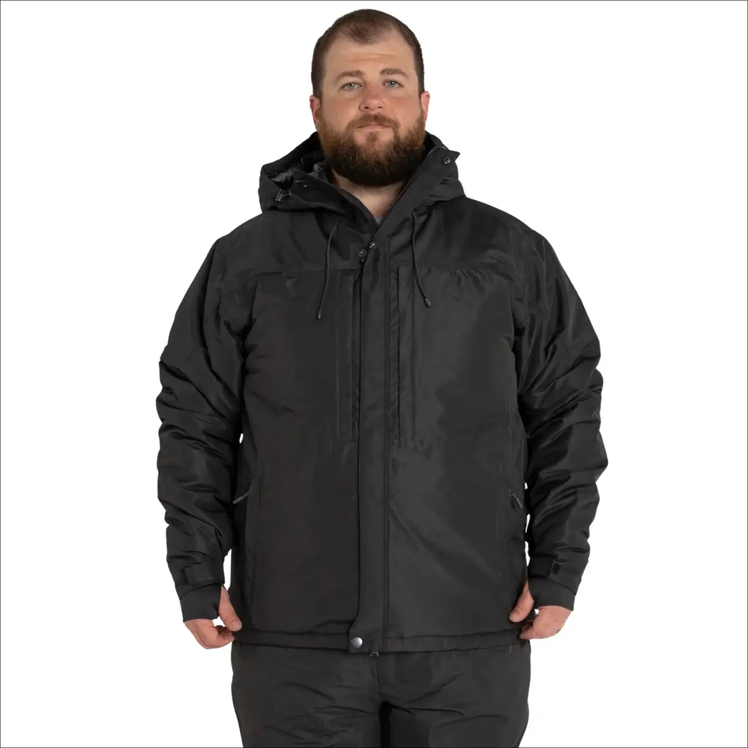 Black hooded winter jacket for men large sizes, insulated ski and snow outdoor coat