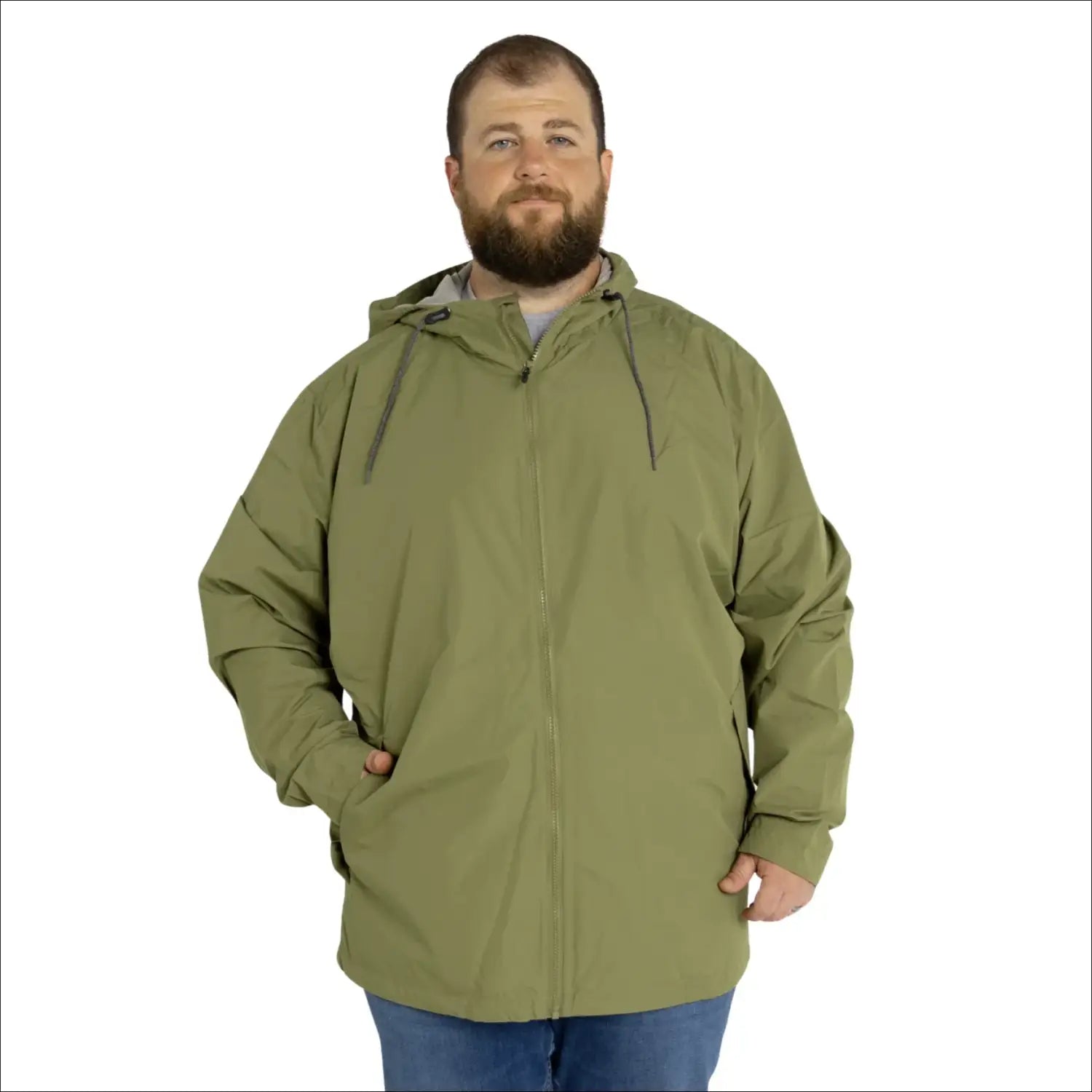 Olive green hooded rain jacket for men in Big 3XL-7XL size outdoors apparel