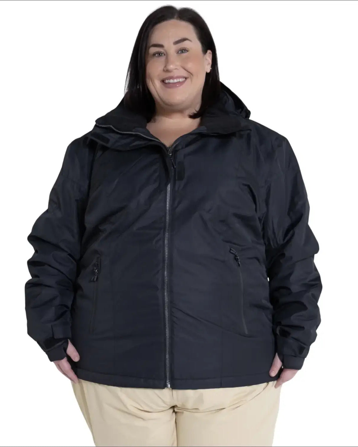 Black hooded jacket from Snow Country Outerwear Women’s Plus Size Ski Coat collection