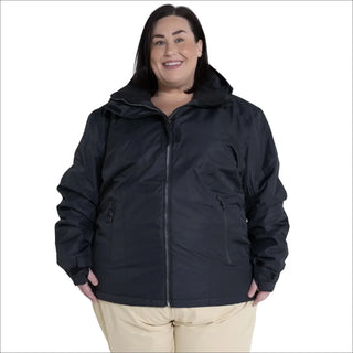 Black hooded jacket from Snow Country Outerwear Women’s Plus Size Ski Coat collection