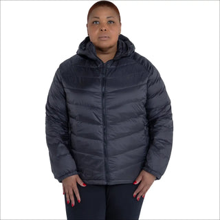 Woman wearing a hooded puffer jacket from Women’s Plus Size Packable Down Outerwear