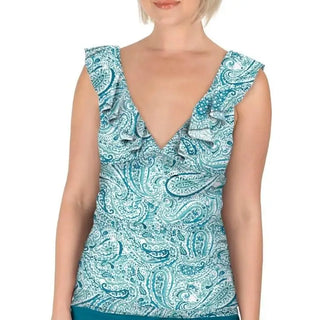 Paisley-patterned ruffled V-neck top from Carole Hochman Women’s Ruffle Plunge Tankini Swimsuit Top Black and Teal Water Paisley