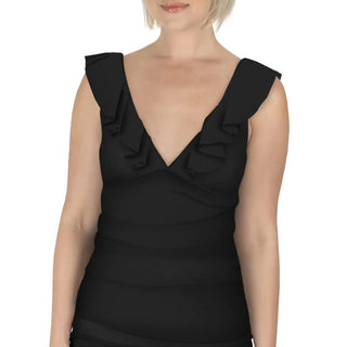 Black ruffled V-neck dress from Carole Hochman Women’s Ruffle Plunge Tankini Swimsuit Top collection