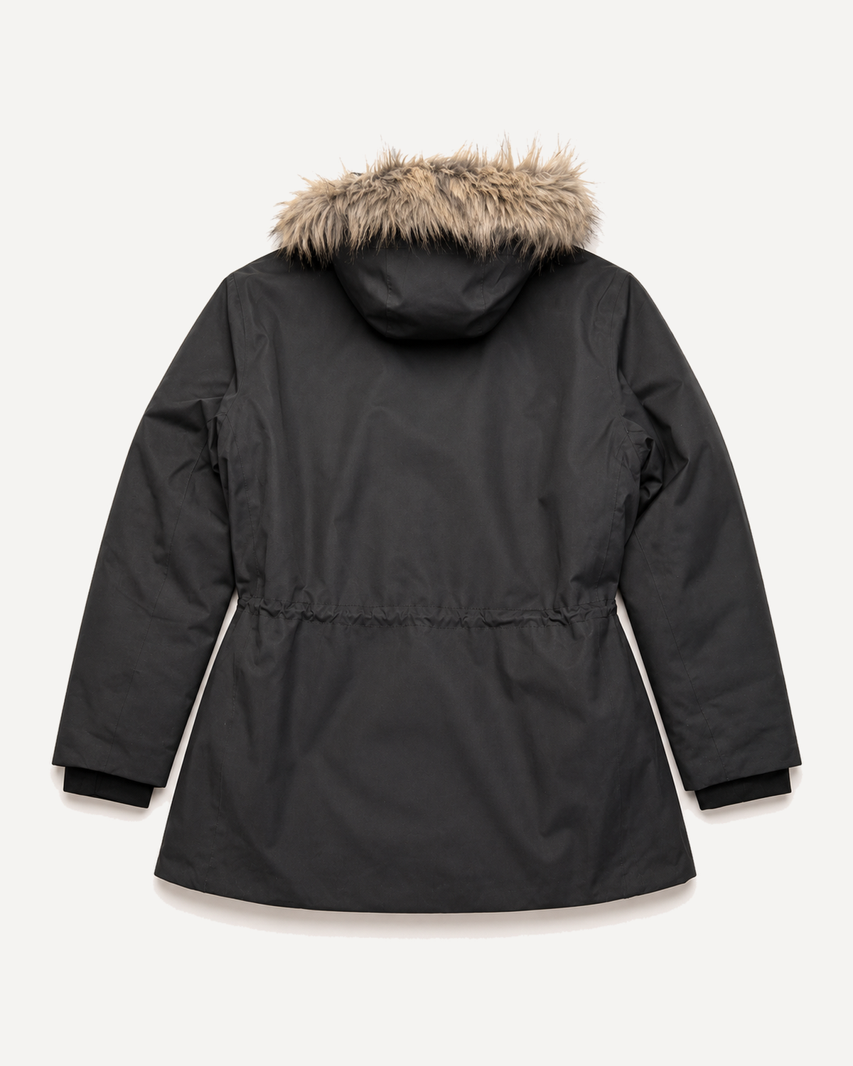 Black Cortina women's plus size insulated parka, flat lay, back
