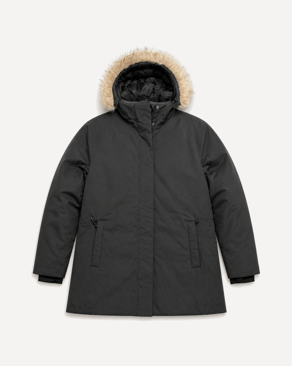 Black Cortina women's plus size insulated parka, flat lay, front