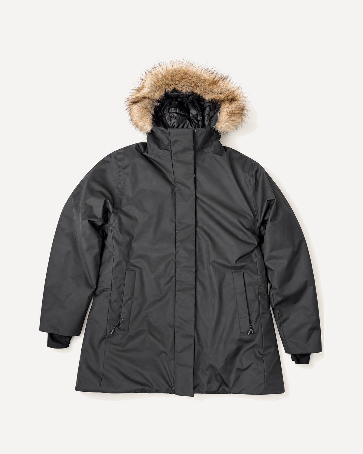 Black Cortina women's plus size insulated parka, flat lay, front